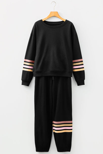 Black Striped Drop Shoulder Round Neck Pullover and Jogger Pants Active Outfit