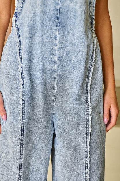 Denim Frayed Reverse Seam Wide Leg Overall