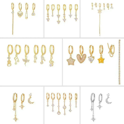 6 Pieces Radiant Hoop Layers Earring Set, 18k Gold Stud Hoop, S925 Needle, Stacked Lobe Designs with Dazzling Zirconia