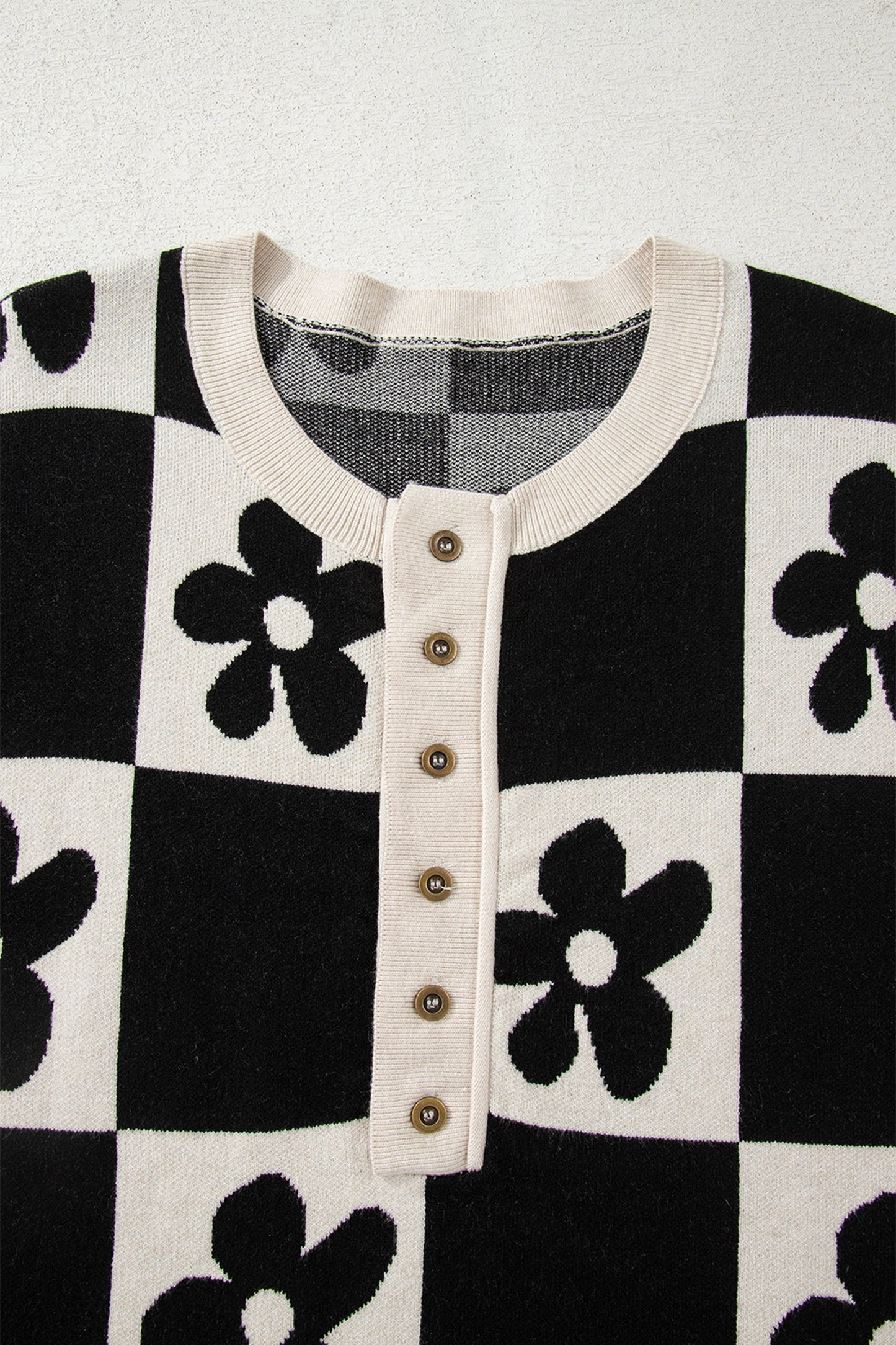 Black Flower Plaid Henley Baggy Sweater