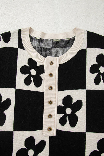 Black Flower Plaid Henley Baggy Sweater