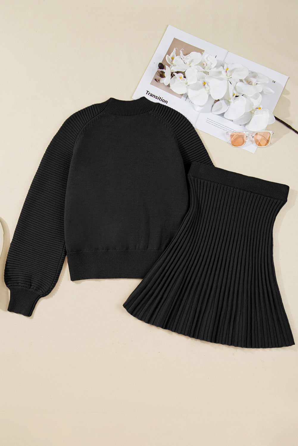 Solid High Neck Sweater and Pleated Mini Skirt Set