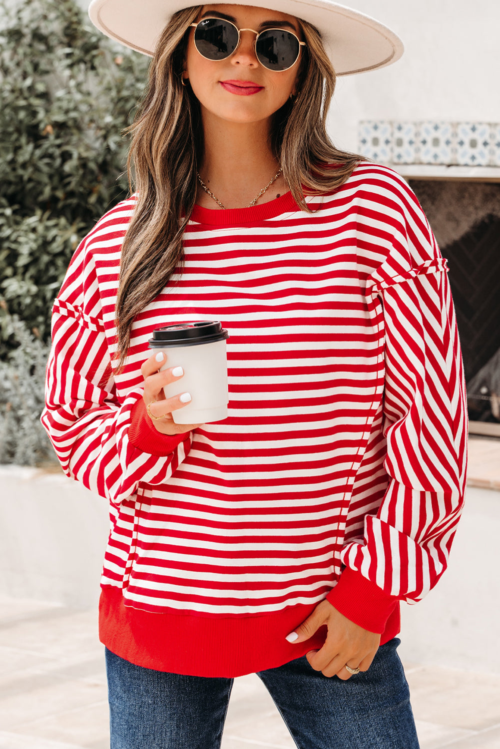 Black Stripe Exposed Seam Drop Shoulder Casual Pullover Top