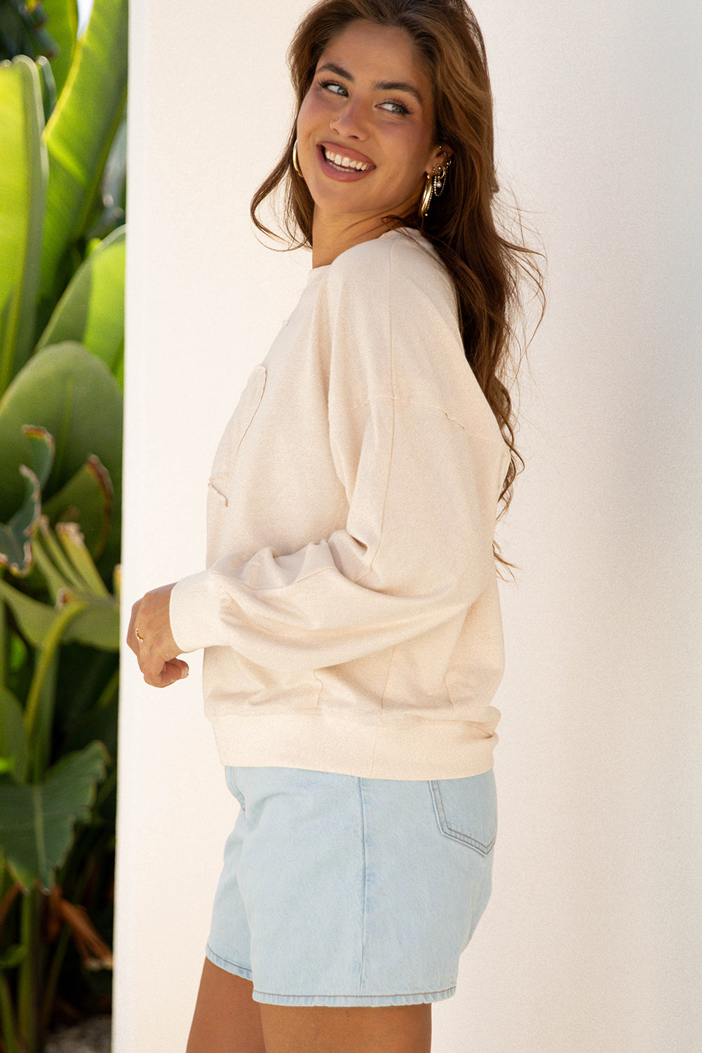 Coffee Raw Edge Flower Patch Drop Shoulder Casual Top