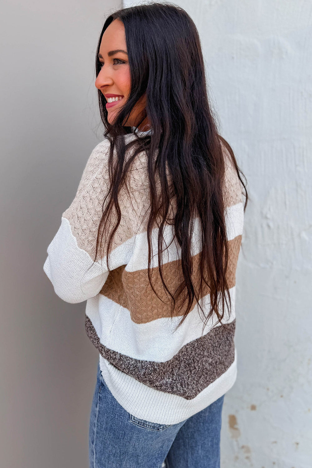 Brown Mixed Texture Knit Striped Colorblock Loose Sweater