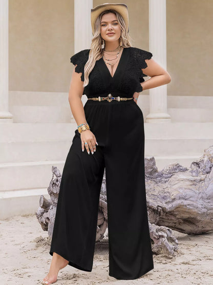 Plus Size Lace Cap Sleeve Wide Leg Jumpsuit