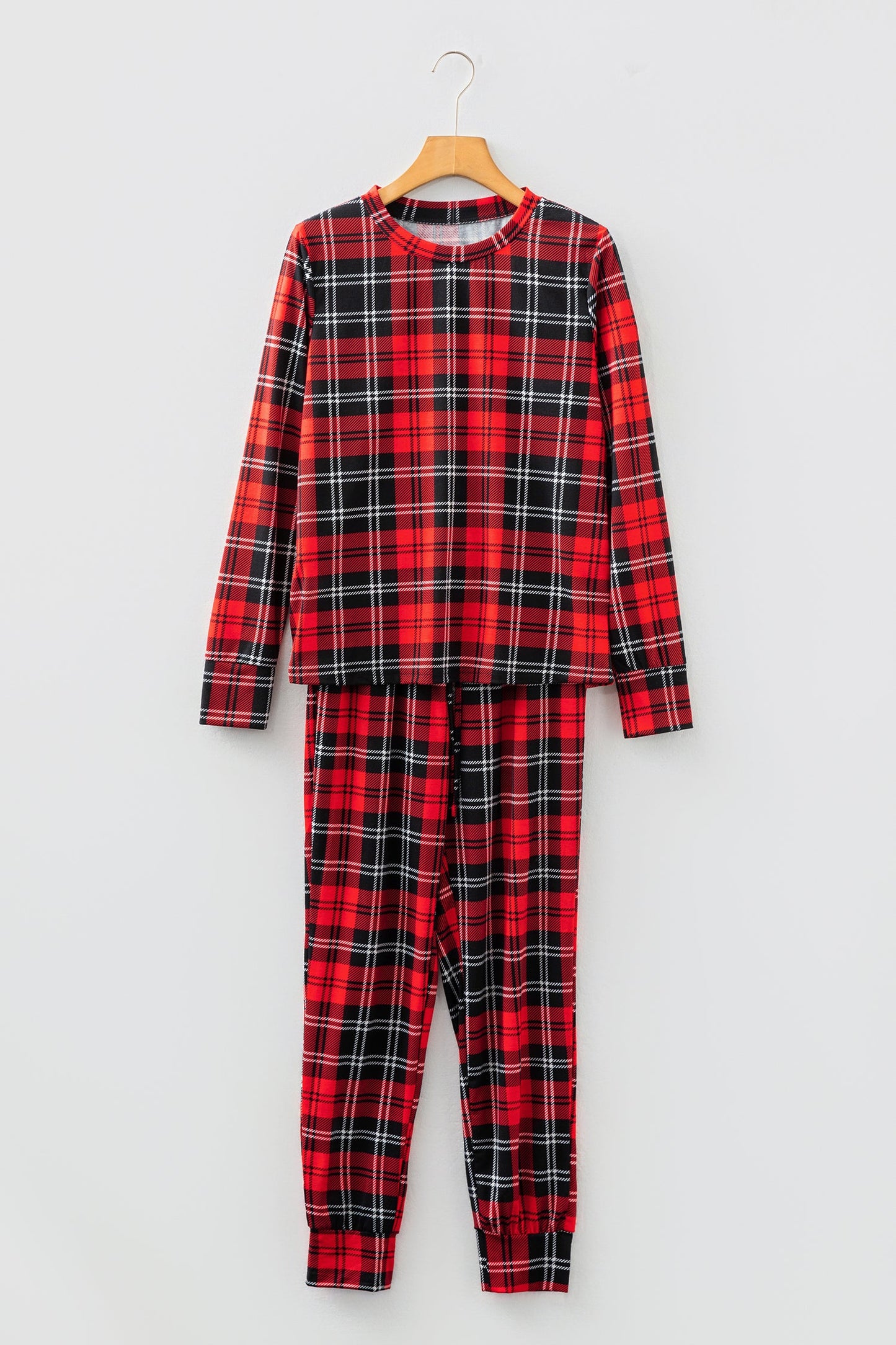 Red Festive Plaid Print Round Neck Long Sleeve and Pants 2 Piece Lounge Set