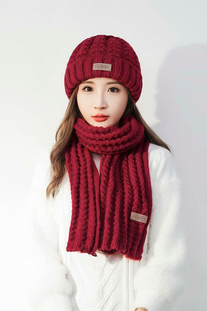 Wander Agio Women's Wool Knit Beanie & Scarf Set Wine Red Size 7 Warm Thick