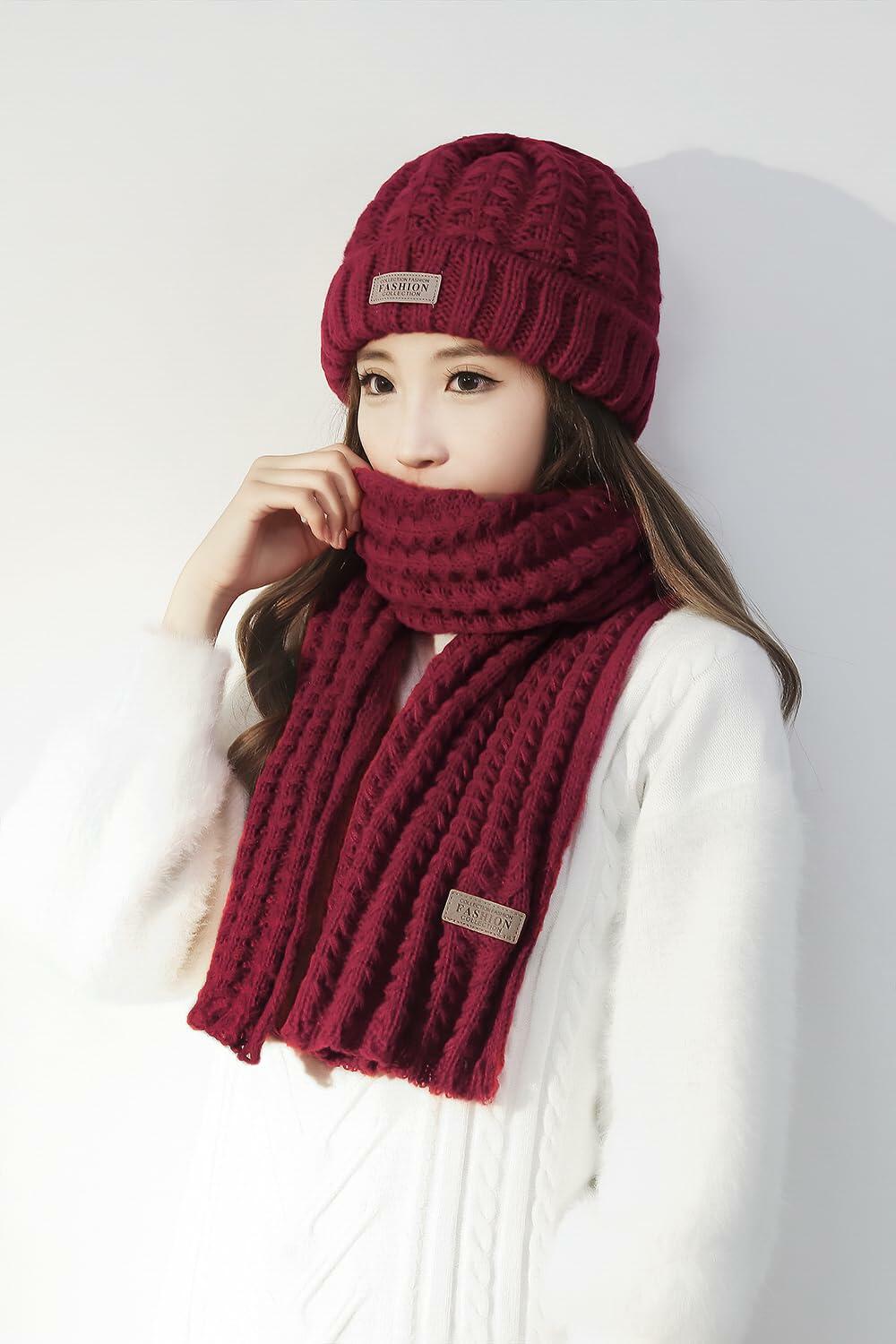 Wander Agio Women's Wool Knit Beanie & Scarf Set Wine Red Size 7 Warm Thick