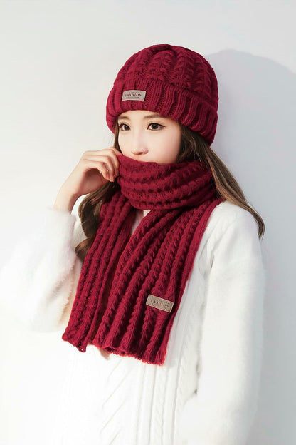 Wander Agio Women's Wool Knit Beanie & Scarf Set Wine Red Size 7 Warm Thick