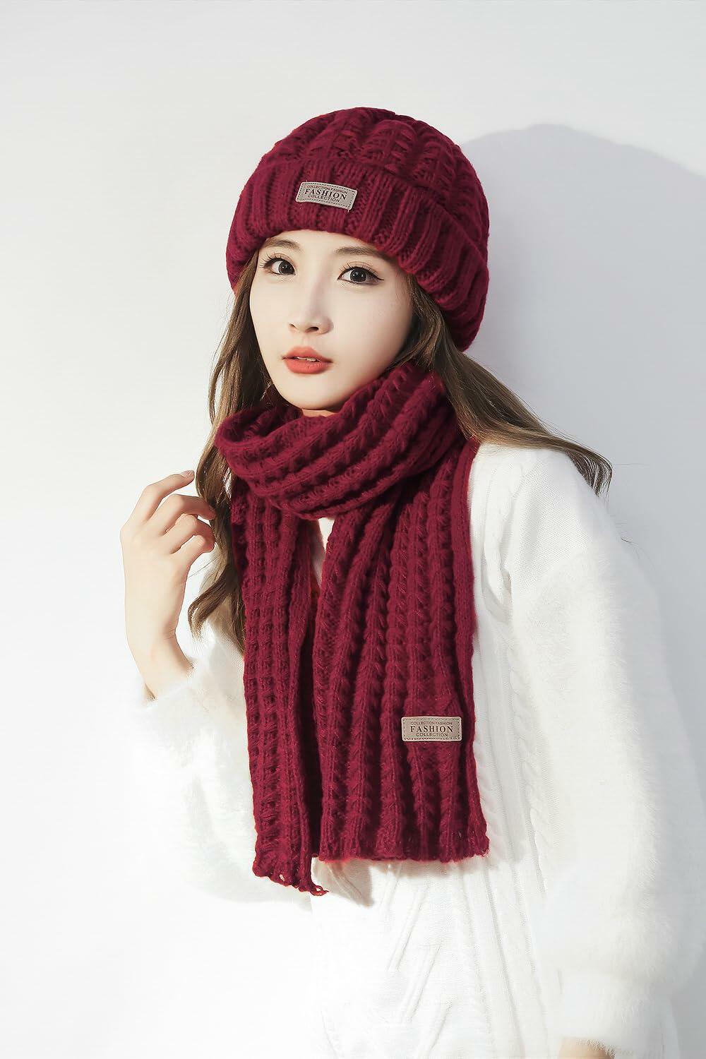 Wander Agio Women's Wool Knit Beanie & Scarf Set Wine Red Size 7 Warm Thick