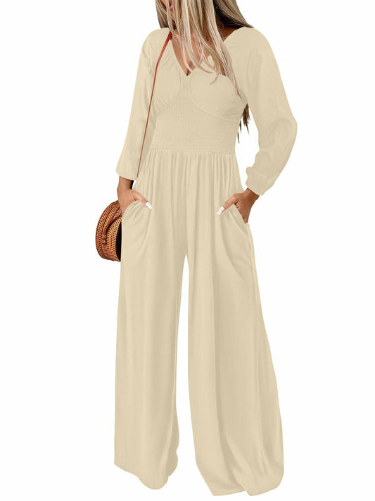 Tanou 2024 Women's Rose Red Smocked Long Sleeve Jumpsuit Romper L