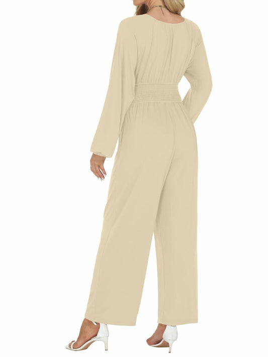 Tanou 2024 Women's Rose Red Smocked Long Sleeve Jumpsuit Romper L