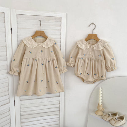 Autumn Hot Selling Baby Kids Girls Flowers Embroidered Pattern Long-sleeved bodysuit and Dress – Princess Sister Matching Set