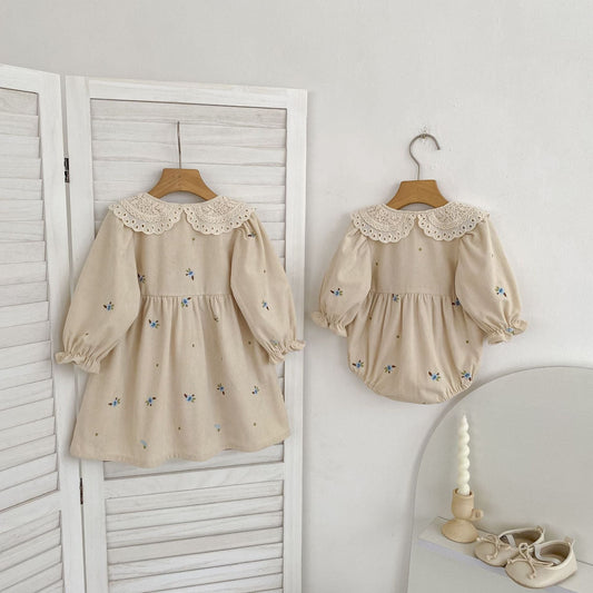 Autumn Hot Selling Baby Kids Girls Flowers Embroidered Pattern Long-sleeved bodysuit and Dress – Princess Sister Matching Set