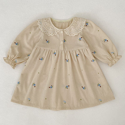 Autumn Hot Selling Baby Kids Girls Flowers Embroidered Pattern Long-sleeved bodysuit and Dress – Princess Sister Matching Set